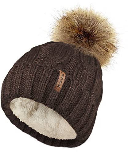 TOSKATOK Damen Chunky weichen Kabel Stricken Hut mit gemütlichem Fleecefutter und abnehmbarem Kunstpelz Pompom