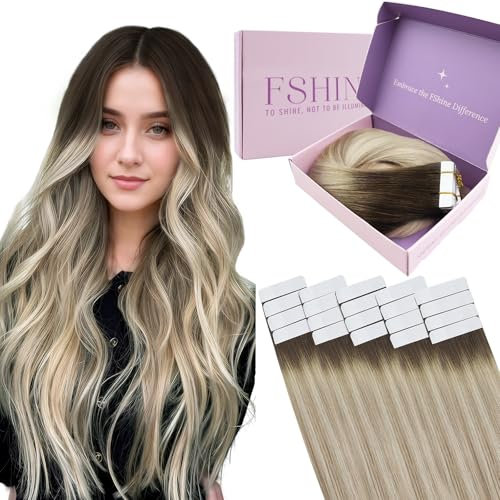 Fshine Extensiones Adhesiva Pelo Natural 16 Pulgadas 40CM Marrón Más Oscuro Desvaneciéndose a Rubio Ceniza Y Rubio Platino Cinta En Extensiones 20 Piezas Remy Humano De Pelo 50G Color 2 18 60