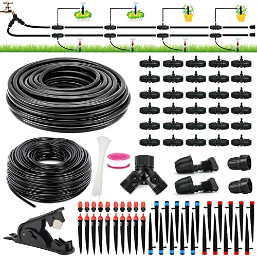 Drip Bewässerungs-Set, 213 FT Mist Cooling Automatisches Bewässerungssystem für Pflanzen im Freien mit Verteilungsrohrhose, Gartenwassersprinkler-System für Garten, Lawn, Terrasse, Grünhaus