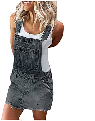Trägerkleid Sommerkleid Damen Jeanskleid Denim Latzrock Suspender Freizeitkleid mit Taschen Overall Kleid A-Line Verstellbar Hosenträger Knopfdekor Kurz Kleider Lässiges Urlaub Strandkleid