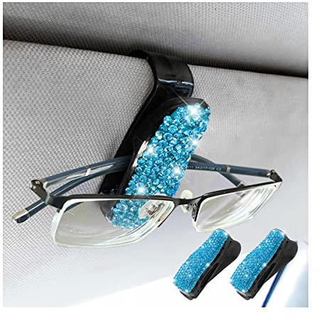 CGEAMDY 2 Pcs Soportes De Gafas De Coche, Clip Pedrería Brillante para Colgar Gafas para Visera De Coche, Accesorios Universales para Visera De Coche para Vasos, Tarjetas (Azul Lago)