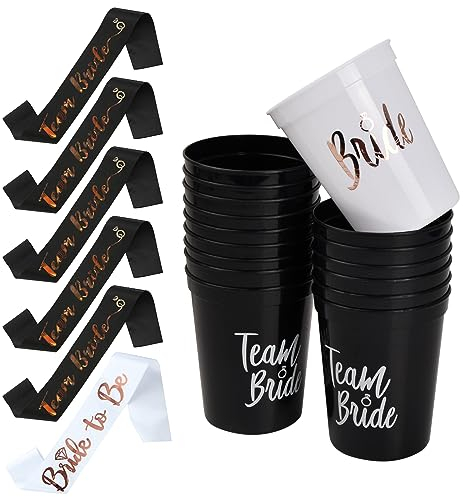 22 Stück JGA Accessoires Frauen, 1 Braut to be Schärpe, 5 Team Braut Schärpe, 16 Hen Party Cups Bachelorette Party Tassen, Team Braut Trinkbecher für Junggesellinnenabschied Bridal Dusche (A)