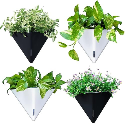 LaLaGreen Wall Planters for Indoor Plants - 4 Pack, 12 Inch Large Self Watering Black and White Mixed Color Geometric Indoor Vertical Garden Wall Hanging Flower Vase Vessel with Metal Hanger Stylish