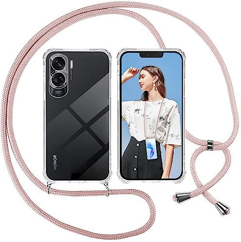 ISOI Coque pour Honor 90 Lite avec Cordon - Tour de Cou Lanière en Corde - Transparente Silicone Housse avec Cordage Lanyard Case pour Honor 90 Lite Collier Cover, Rose