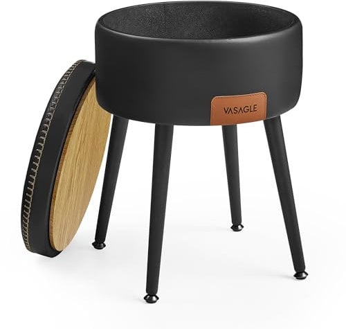 VASAGLE EKHO Collection - Storage Ottoman, Dressing Table Stool, Synthetic Leather with Stitching, Mid-Century Modern, Round Storage Stool Seat with Steel Legs, Loads 150 kg, Ink Black LOM005B51
