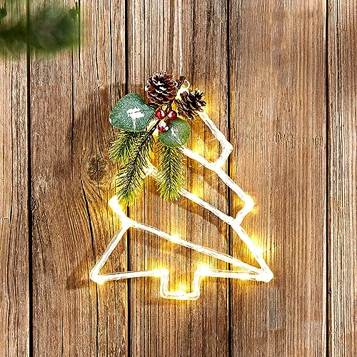 LED Wanddeko Tanne 25 cm hoch, mit Lichterkette, Zweigen und Tannenzapfen, Weihnachtsdeko, Leuchtdeko