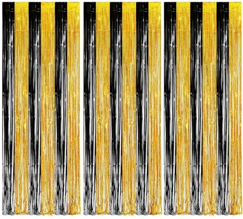O-Kinee Abschluss Vorhänge Gold Schwarz,Lametta Vorhang,Glitzervorhang,Tinsel Curtain,Fotowand Hintergrund Folienfransen für BVB Graduation Rente Geburtstag Hollywood Gatsby Silvester Party