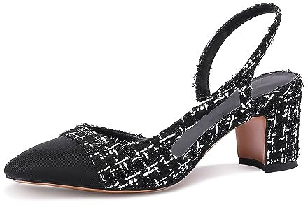 MIRAAZZURRA Escarpins à bride arrière pour femme - Bout rond fermé - Talon bloc - Bicolore - Décontractées - Chaussures de bureau, Tweed noir, 40 EU