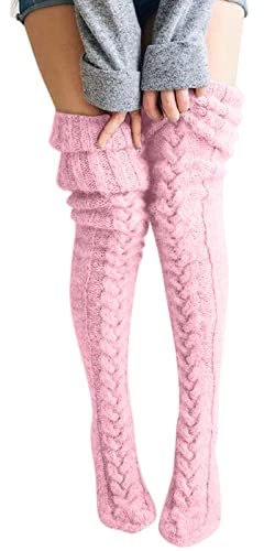 Générique Chaussettes Hautes Femme Longue Trico,Chaussettes Montantes Fille de Cuisse Longues Chaud Hiver,Chaussettes Femme Hiver Chaud Tricot (Rose)