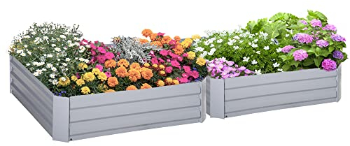 Outsunny Hochbeet Set, 2-TLG. Gartenbeet, Pflanzkasten, Blumenkasten, Pflanzkübel, Blumenkübel für Garten, Terrasse, Verzinkter Stahl, Grau, 100 x 100 x 30 cm