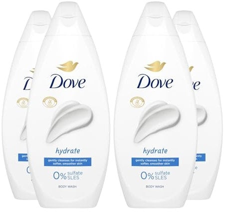 Dove Body Wash 0% Sulfate SLES for Women Made with Naturally Derived Cleansers and Plant Based Moisturiseres Gently Cleanses for Softer and Smoother Skin, 225ml (4 Pack, Hydrate)