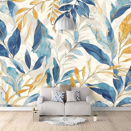 SPECUFX Papier Peint Panoramique 3d Papier Adhesif Vinyl Plante à feuillage aquarelle bleu or 100x70cm Grandes Murales Poster pour Salon, Adulte Chambre d'enfants Décoration Meuble