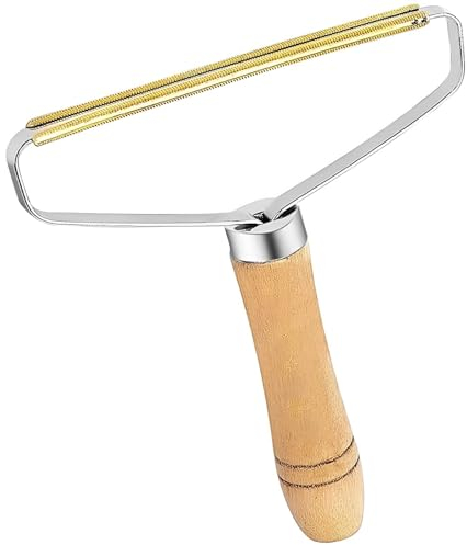 Aniuge 1 Pack Lint Remover, Double Carpet Scraper Manual Brush Tool Shaver Clothes Fuzz Roller Wooden Handle Reusable Mini Lint Cleaner for Pet Hair, Fuzz