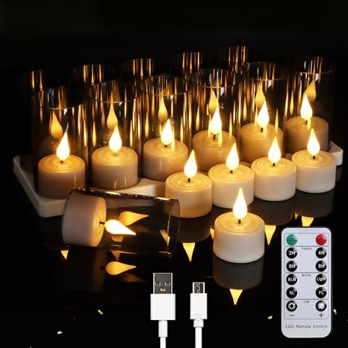 ZIYOUDOLI 12er Wiederaufladbar Teelichter mit timer fernbedienung dekorative tassen, Aufladbare kerzen mit usb ladekabel Ladestecker für halloween weihnachten party dekoration möbel dekoration kerzen