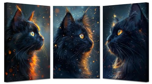 AMXBZC Abstrakt Bild auf Leinwand Groß Schlafzimmer Bilder Wand, Katze unter dem Sternenhimmel Wandbild Wanddeko Wohnzimmer Deko Kunst Modern Textur für Büro - 20x30cmx3 Gerahmt