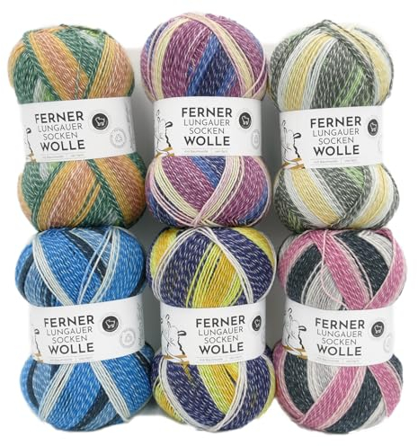 Ferner Wolle Lungauer Sockenwolle mit Baumwolle, Strumpfwolle Paket 4-fädig, 6x100g Sockengarn musterbildend zum Stricken oder Häkeln | 56% Wolle, 25% Baumwolle, 19% Polyamid