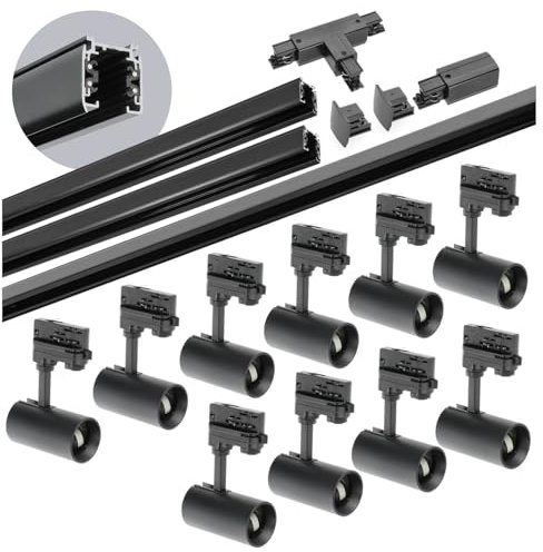3-Phasen-Schienen-Set NEXTRACK - Schienensystem Komplett-Set mit 10x GU10 Lampe und 2x1m Schiene, 2m Schiene, T-Stecker außen (Schwarz, 2x1m+2m Schiene + Verbinder T)