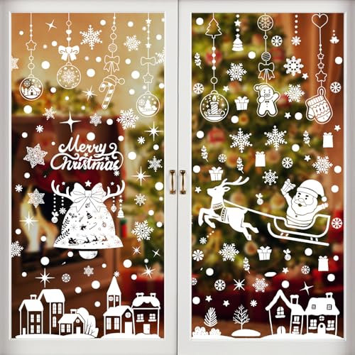 PBWZF 284 PCS Vetrofanie Natalizie per Finestre Riutilizzabile, PVC Adesivi Natalizi per Finestre con Fiocchi di Neve, Renne,Babbo, Vetrofanie Natale per Decorazioni Natalizie per la Casa(Bianco)
