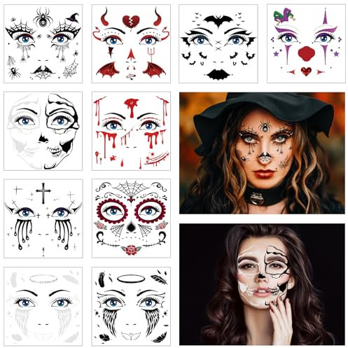 HOWAF Halloween Gesichtstattoo, 10 Aufkleber für Tag Der Toten, Dia De Los Muertos Kostüm, Karneval Fasching