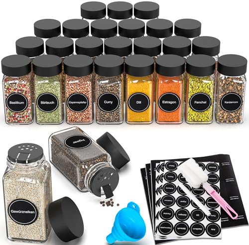 DIFULI 24 Gewürzgläser Eckig Set mit Deckel, 120ml Gewürzdosen mit 340 Etiketten, Gewürzstreuer Spice Jars Gewürzbehälter mit Trichter mit Streueinsatz,Leeren Aufklebern, Sieben, Organizer Küche
