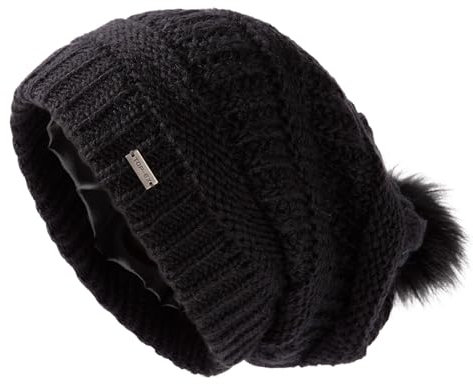 TOP-EX Wintermütze Damen 100% Wolle Strickmütze mit Fellbommel - Warm gefüttert & Winddicht, ideal für Outdoor-Sport und Ski - Schwarz