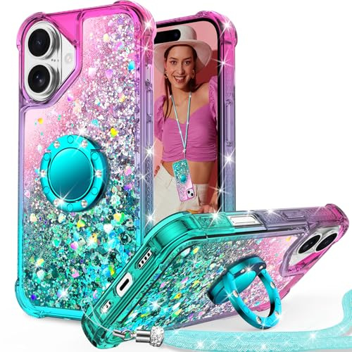 Unlicaku for iPhone 16 Case, with Ring Women Girls Bling Holographic Sparkle Glitter Cute Cover, Diamond Ring Protective Phone Case for iPhone 16, Green