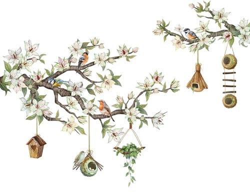jdstty Oiseau sur branche de fleur Stickers muraux autocollants Décorations de cages à oiseaux Papier peint pour salle de verre