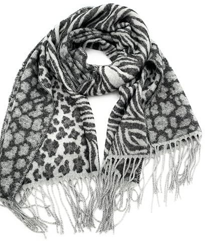 Michael Kors Schal I Damen I Winterschal I 200cmx65cm I Logo I Leopardenmuster (Schwarz-Grau) Franzenschal 7351