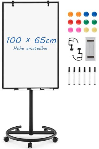 FANTASK Tableau blanc, support magnétique, sur roulettes, 100 x 65 cm, réglable en hauteur jusqu'à 192 cm, effaçable à sec, avec support rond, aimants, marqueurs et gomme