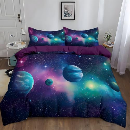 Bettwäsche Set 155x220cm Planet-Weltraum-Thema 3D Polyester Baumwolle Bettbezug Sets, Weich Atmungsaktiv Bettbezüge mit 2 Kissenbezug 80x80 cm, für alle Jahreszeiten