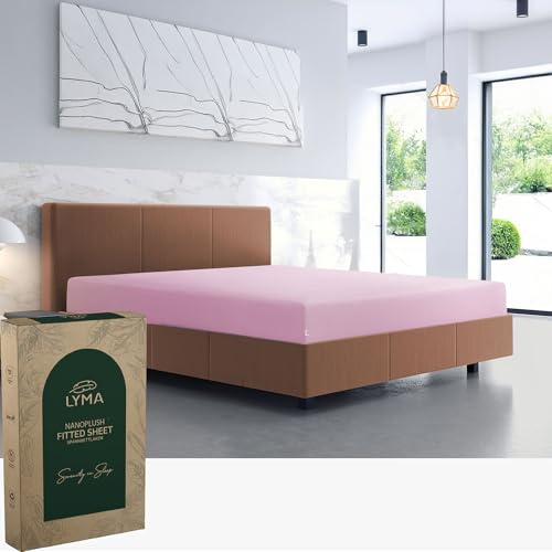 LYMA Bedding Fitted Sheet Double, Deep Pocket 35CM, OEKO-TEX Certified, Ultra Soft Nanoplush Double Brushed Quick Dry, Shrink Wrinkle & Fade Resistant, Easy Care Elastic Bottom Sheet (Light Pink)