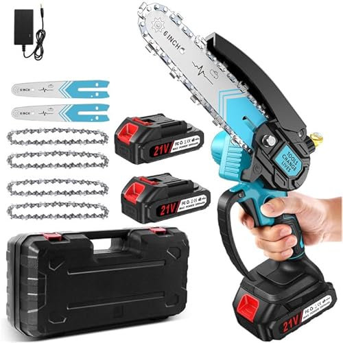 Mini motosega ricaricabile Mini motosega senza fili da 6 pollici 2 batterie da 2,0 Ah, potente motore da 21 V 800 W, motosega senza fili con batteria e caricabatterie per tagliare legno