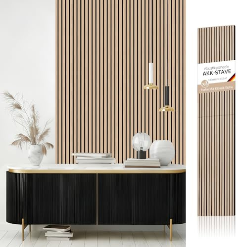 AKK-STAVE Akustikpaneele Holz 240x60 cm (3er-Set 4,32 m²) - Akustik Paneele & Holzpaneele Wand | Holzfurnier 3D Paneele Wand als Wandverkleidung Innen für Wohnzimmer(Klassik Eiche)