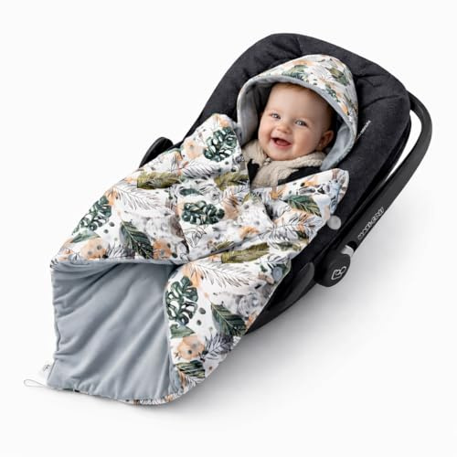 BABEES© Einschlagdecke für Babyschale Autositz mit Füllung Wattiert Ganzjährig Übergang Frühling, Universal warm mit Klettverschluss Wald Tiere Übergangszeit