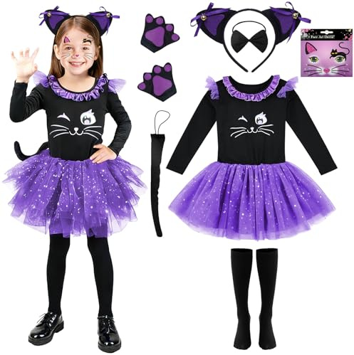 Vestito Carnevale Bambina - Costume Gatto, Cosplay Animale Bambina Carnevale Costumi Vestiti Tutu da Gatto con Orecchie,Coda, Cerchietti Fascia, Papillo per Carnevale,Festa e Maschera (S(4-6 anni))