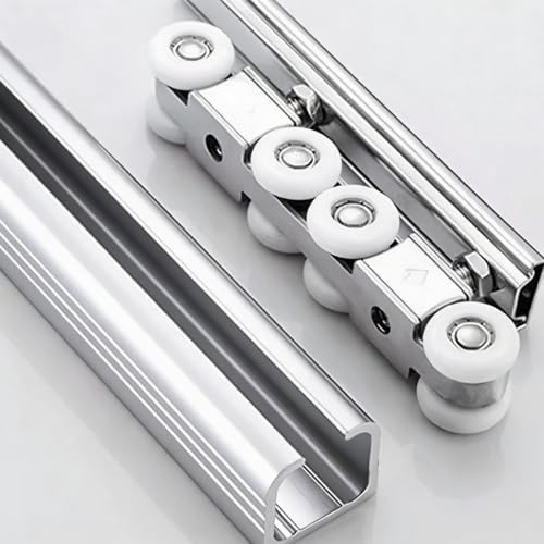 Heavy Duty Sliding Double Barn Door Hardware Track Kit with Hidden Flexible Pocket Door Rail and 8-Wheel Hangers