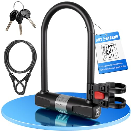TECHCYC ART Bügelschloss mit Kabel für Fahrrad & E-Bike | ART2-Zertifizierung | 13mm Gehärteter Stahl | mit Flexframe Halterung | 3 Schlüsseln | Level 8/10