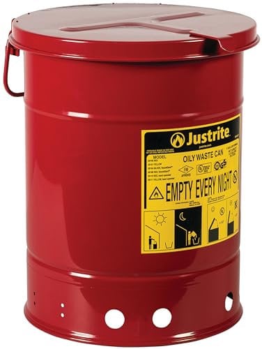 Justrite Contenitore per olio in acciaio con coperchio azionato a mano, 20 l, rosso