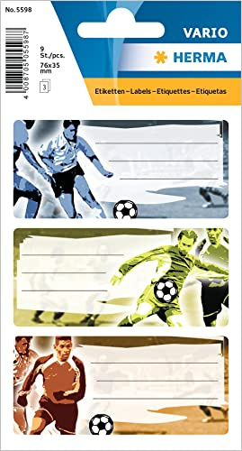 HERMA 5598 Buchetiketten zum Beschriften Fußball, 9 Stück, 76 x 35 mm, selbstklebend, liniert, Buchaufkleber für Schule Kinder Mädchen Jungen, mehrfarbige Heftetiketten Aufkleber, bunt