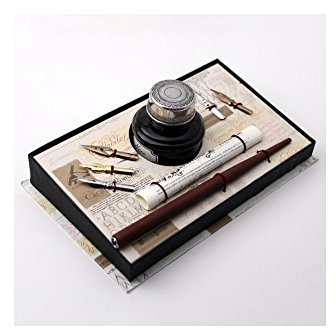 Regalos007 Schreibset mit Holzfeder, 5 Federn und Tintenfass