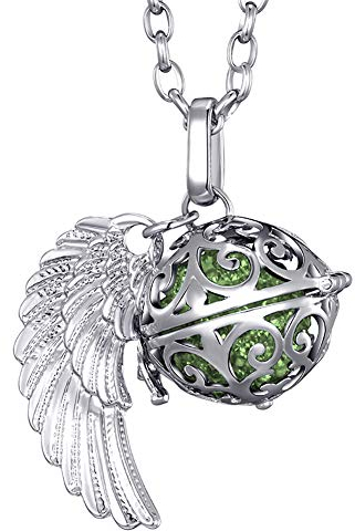 Morella Damen Schutzengel Halskette Edelstahl 70 cm mit Anhänger Engelsflügel und Klangkugel Zirkonia grün Ø 16 mm in Schmuckbeutel
