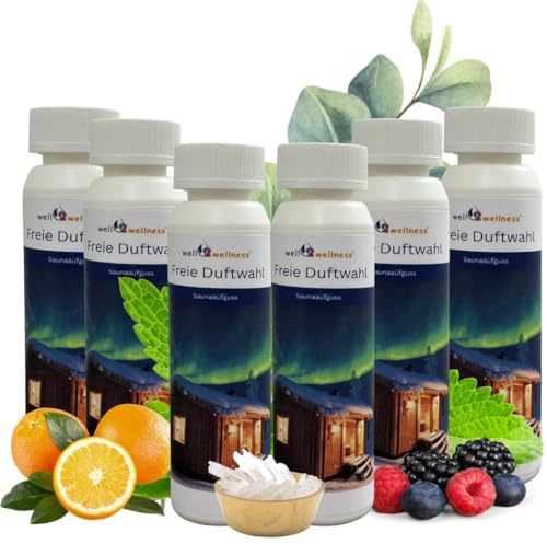 Saunaaufguss-Set 6 x 250 ml well2wellness® Saunaduftkonzentrat (freie Duftwahl) plus gratis 10g Mentholkristalle