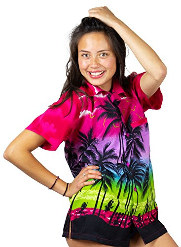 V.H.O. Funky Hawaiibluse Hawaiihemd Damen Kurzarm Fronttasche Hawaii-Print Strand Beach Palmen Diverse Farben