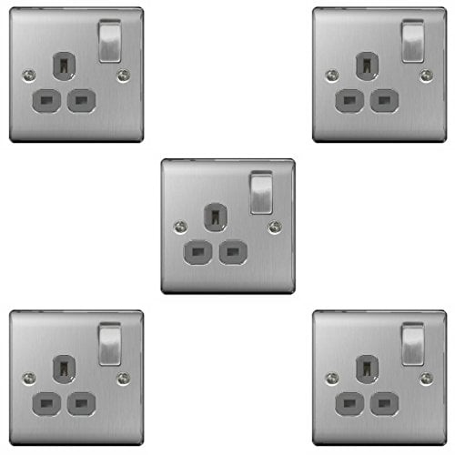 Pck of 5 x BG-Nexus-Metal Single 13A Plug Socket,Brushed Steel Finish,Grey Inserts