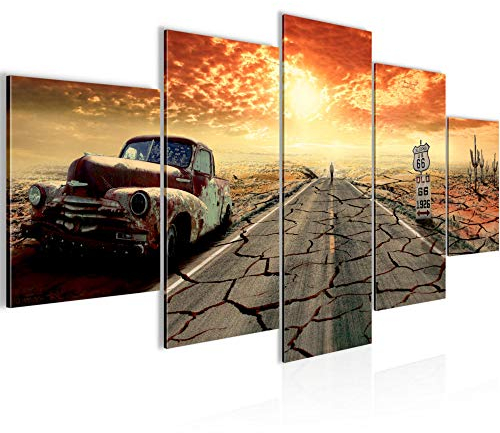 Runa Art Wandbilder Auto Route 66 5 Teilig Bild auf Vlies Leinwand Deko Wohnzimmer Oldtimer Orange Beige 600352a
