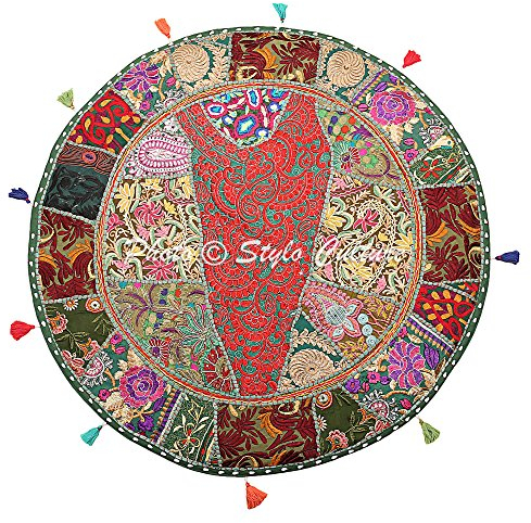Stylo Culture Ethnisch Dekorativ Rund Bodensitzkissen 80 x 80 cm Groß Bodenkissen Patchwork Vintage Dunkelgrün Boho Patchwork Wohnkultur Baumwolle Bestickt Boden Sitzkissen Outdoor Rund