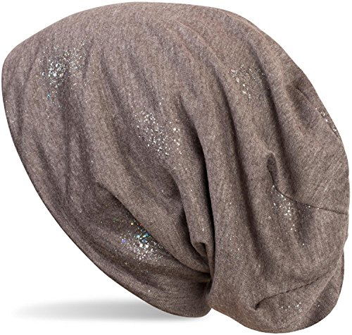 styleBREAKER Beanie Mütze mit Glitzer und Pailletten Punkte, Slouch Longbeanie, Damen 04024145, Farbe:Braun meliert