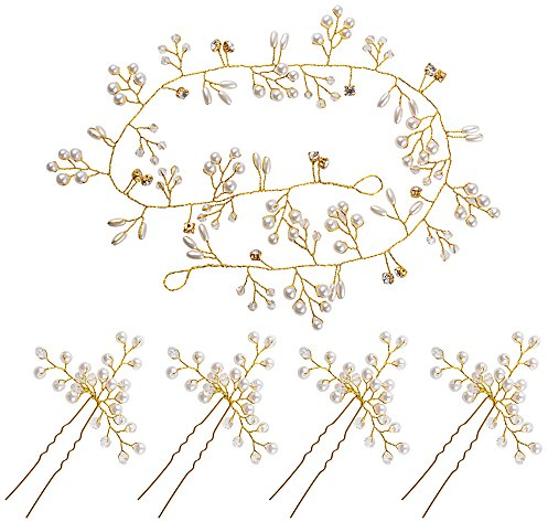 Haarschmuck Hochzeit Kopfschmuck Braut Haarnadeln Hochzeit Haardraht Brautschmuck Haare Perlen Vintage Strassbesatz Haarband und Stirnband mit Kristall Haarranke Retro Frauen 50cm (Silber & Gold)