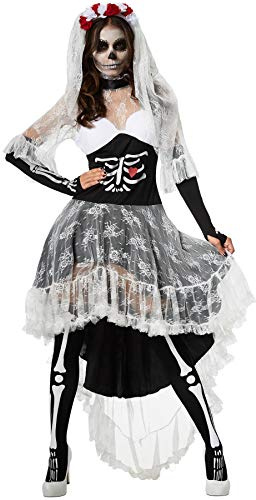 dressforfun 900416 - Damenkostüm gruselige Skelett-Braut, Vokuhila-Kleid mit Skelett- und Herzaufdruck (S | Nr. 302005)