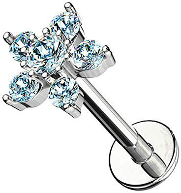 Piercingfaktor Piercing Stab mit Kristall Blume Lippe Ohr Labret Tragus Helix Knorpel Stecker Lippenpiercing Ohrpiercing 8mm Silber Aqua